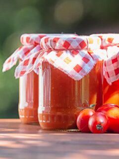 Portrait image of jars of roasted tomato passata with fresh tomatoes