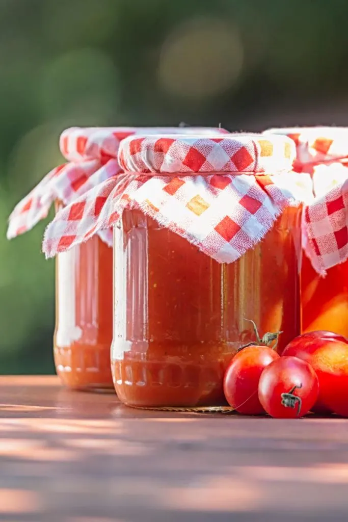 Portrait image of jars of roasted tomato passata with fresh tomatoes