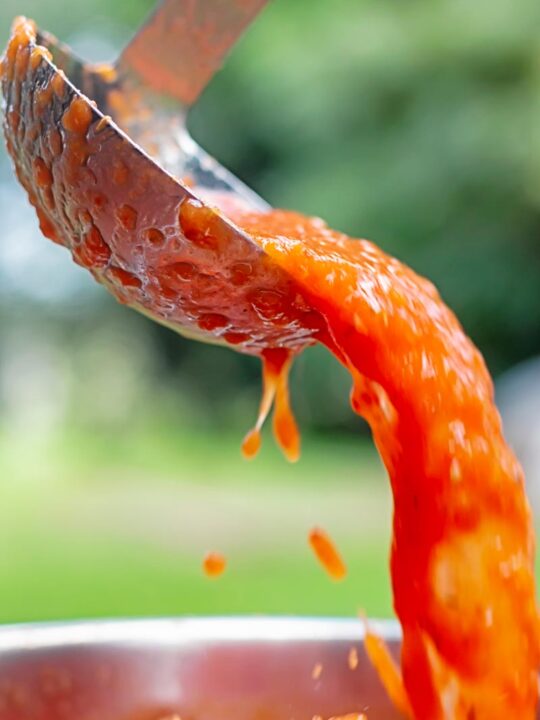 Portrait image of roasted tomato passata being poured from a ladle