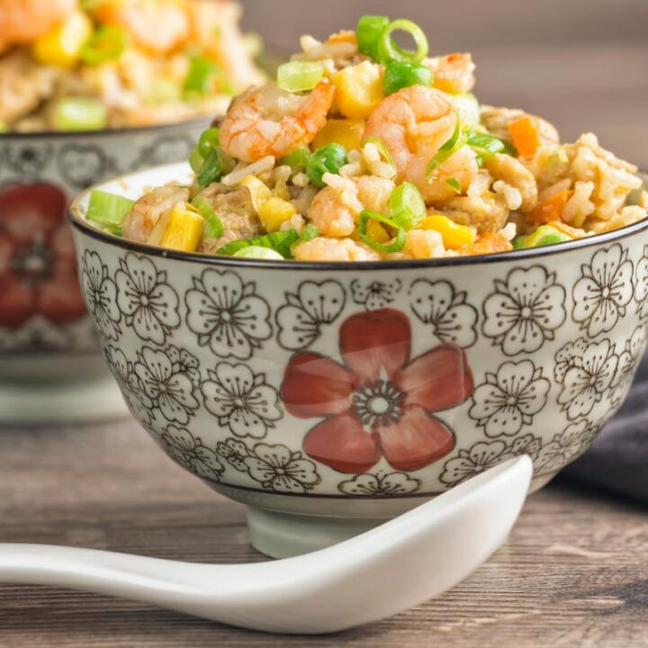 Square image of Chinese Special Fried rice served in an bowl decorated with an Asian stylised design