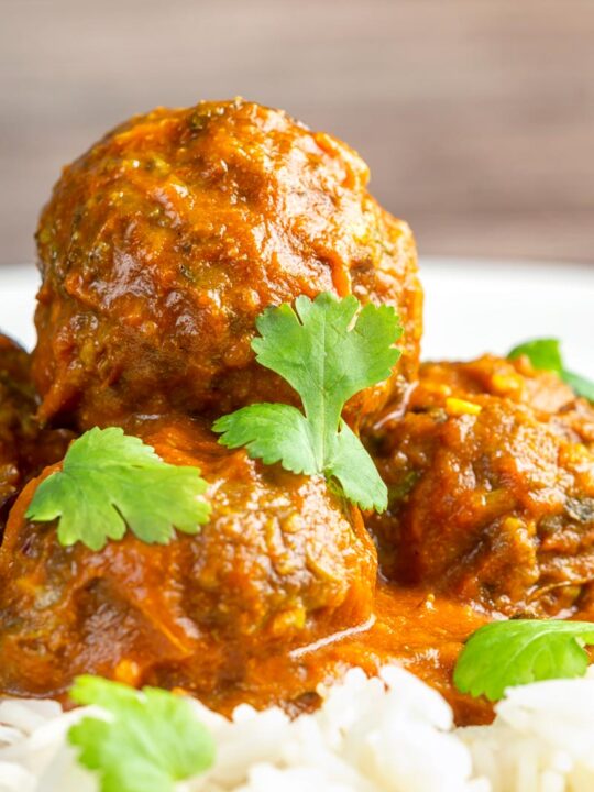 Portrait close up image of spicy venison meatballs served with basmati rice and coriander leaves