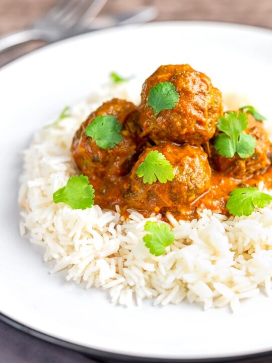 Portrait image of spicy venison meatballs served with basmati rice and coriander leaves