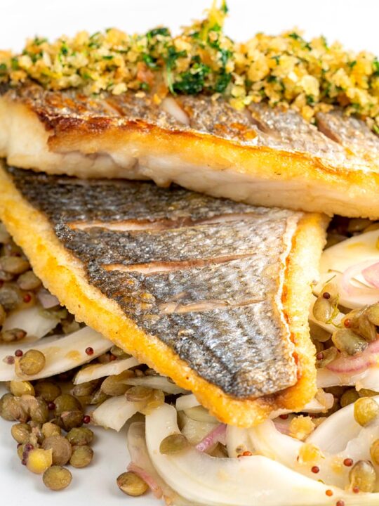 Portrait close up image of pan fried sea bream fillet served with a parsley crumb and puy lentils with fennel