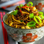 Portrait image of Dan Dan Noodles served in an Asian style bowl decorated with a red flower with text overlay