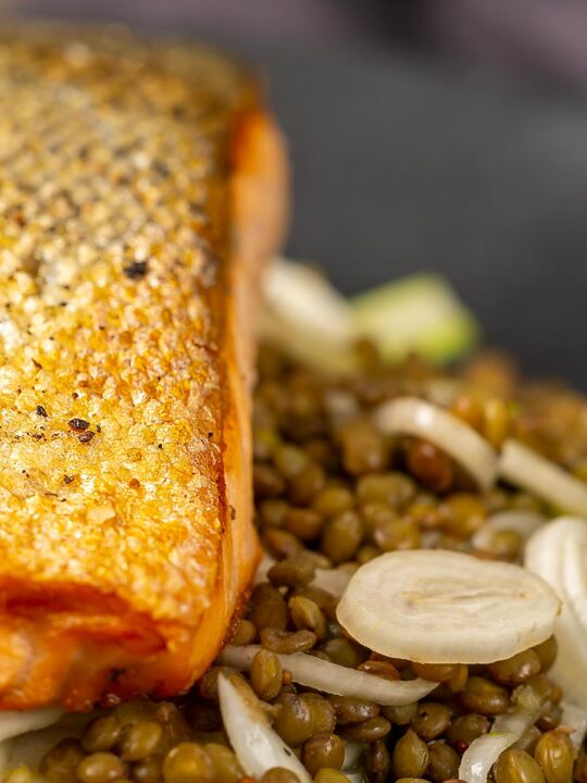 Portrait Close up image of a crispy skinned pan seared salmon fillet served on a black plate with lentils and fennel