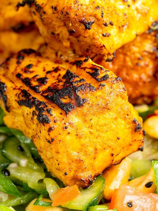 Close up portrait image of grilled salmon tikka served on a cucumber salad