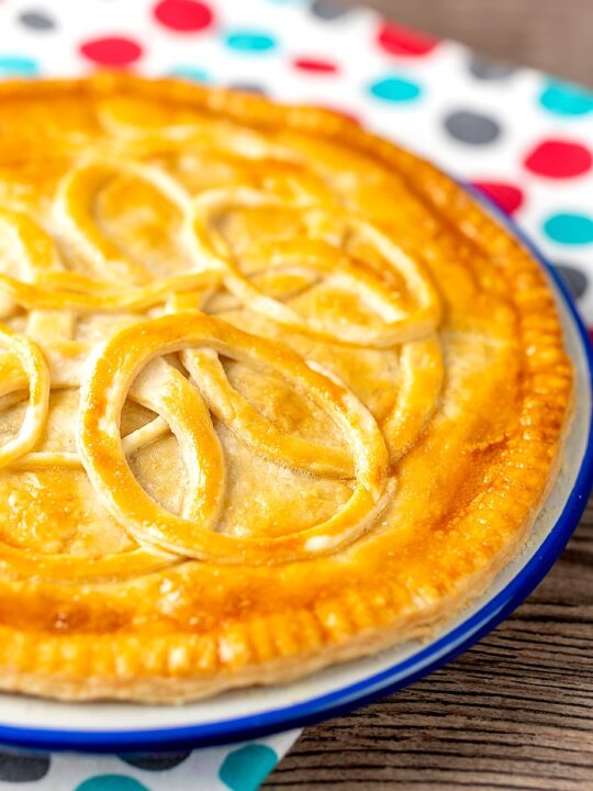 Portrait image of a cheese and onion plate pie