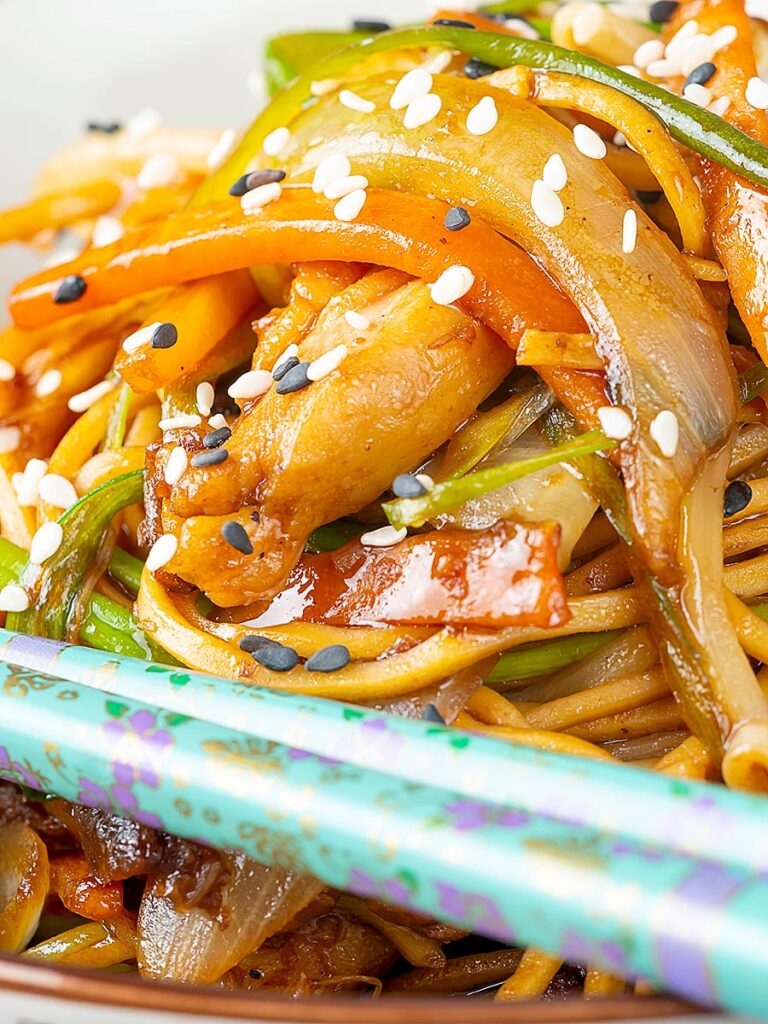 Portrait close up imag of a chicken noodle stir fry, lo mein or chow mein
