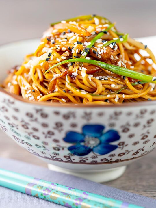 Portrait image of a chicken noodle stir fry, lo mein or chow mein served in a bowl with an Asian floral design