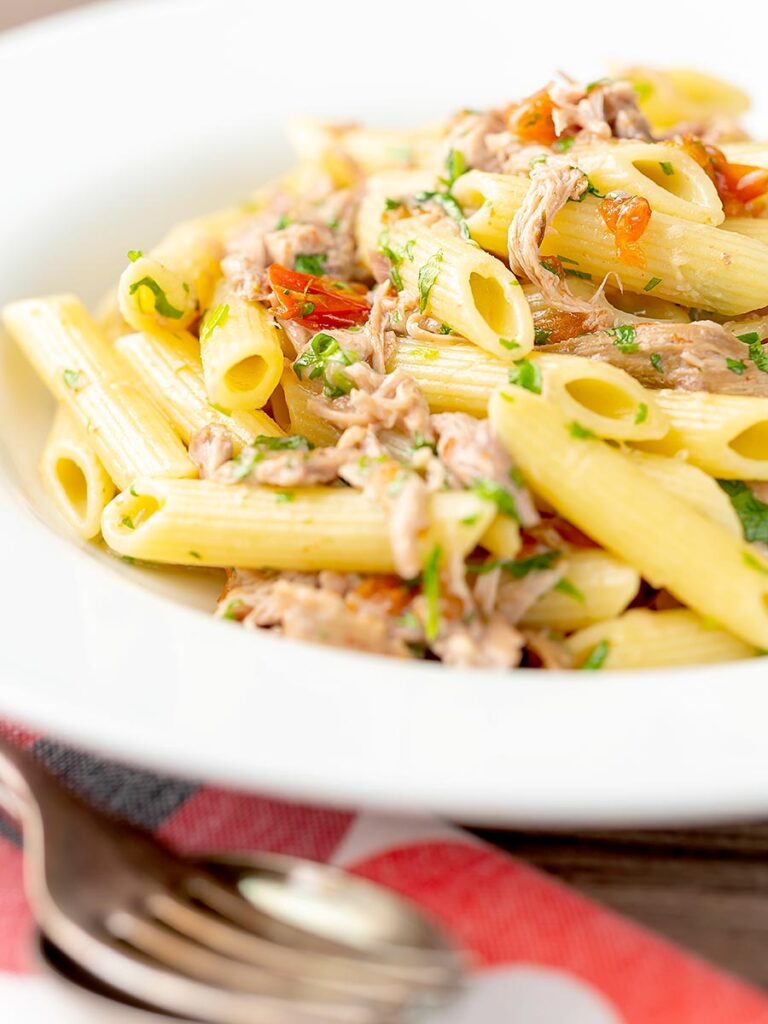 Portrait close up image of shredded duck ragu served with penne pasta in a shallow bowl
