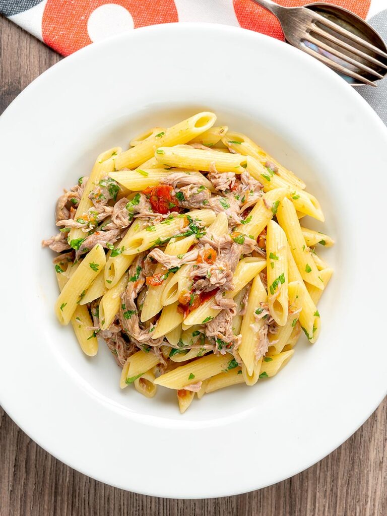 Portrait overhead image of shredded duck ragu served with penne pasta in a shallow bowl