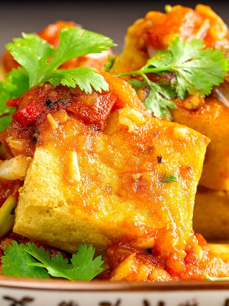 Portrait close up image of a cube of crispy fried tofu with a Vietnamese tomato sauce and coriander leaves