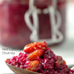 Portrait close up image of a red cabbage chutney with apples and raisins with a serving sat on a vintage spoon with text overlay