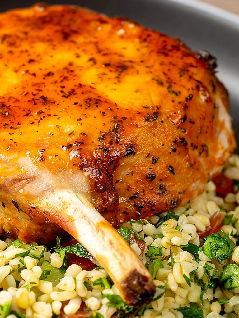 Portrait close up image of harissa glazed roast pork chops served with tabbouleh salad