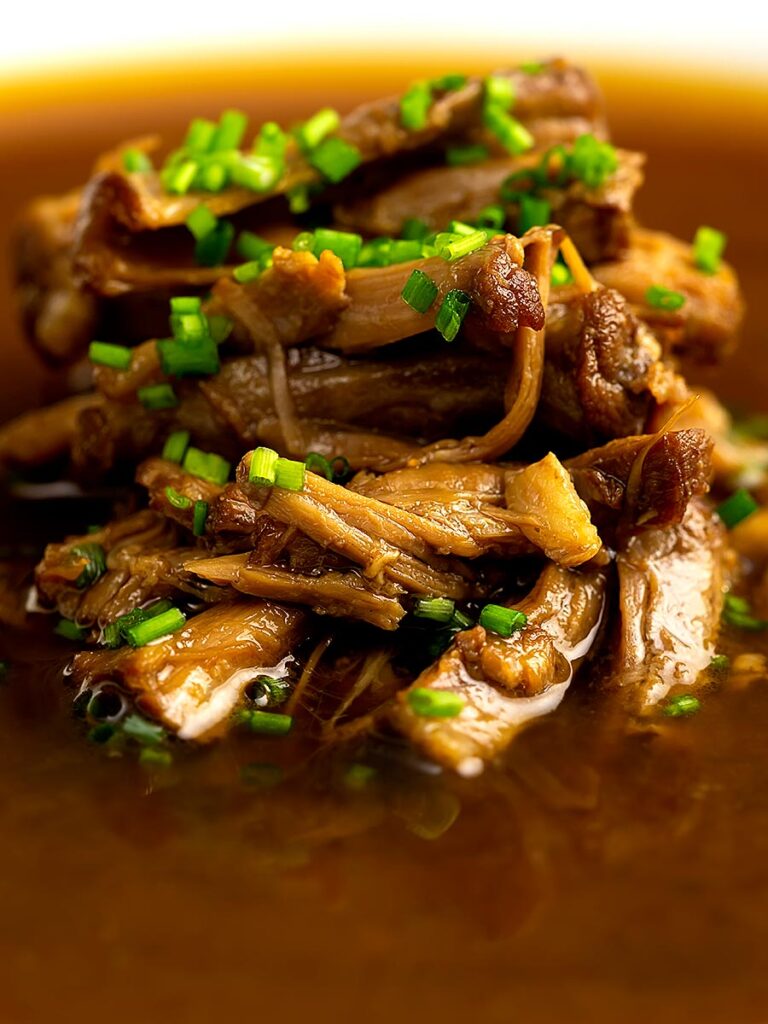 Portrait close up image of shredded beef in a classic British oxtail soup