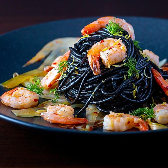 Squid Ink Pasta with Prawns Fennel & Chilli Krumpli