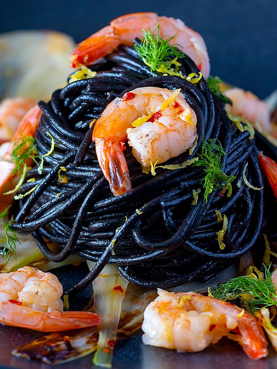 Squid Ink Pasta with Prawns Fennel & Chilli