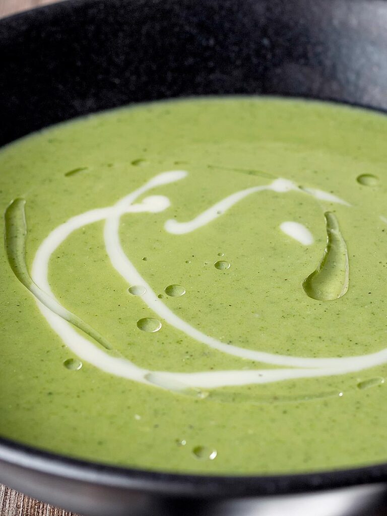 Portrait close up image of a creamy broccoli and stilton soup