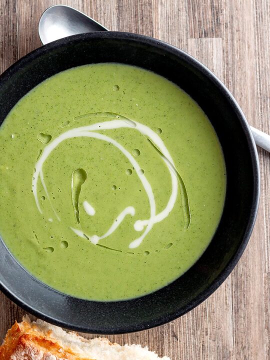 Portrait overhead image of a creamy broccoli and stilton soup