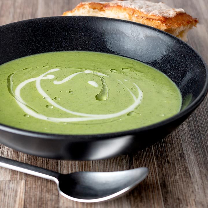 Square image of a creamy broccoli and stilton soup