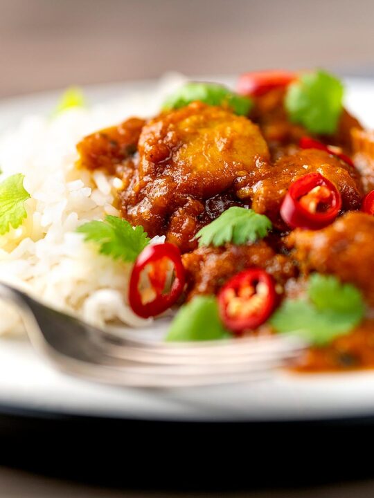 Portrait close up image of a chicken pathia or patia curry served on a plate with rice, chilli slices and fresh coriander
