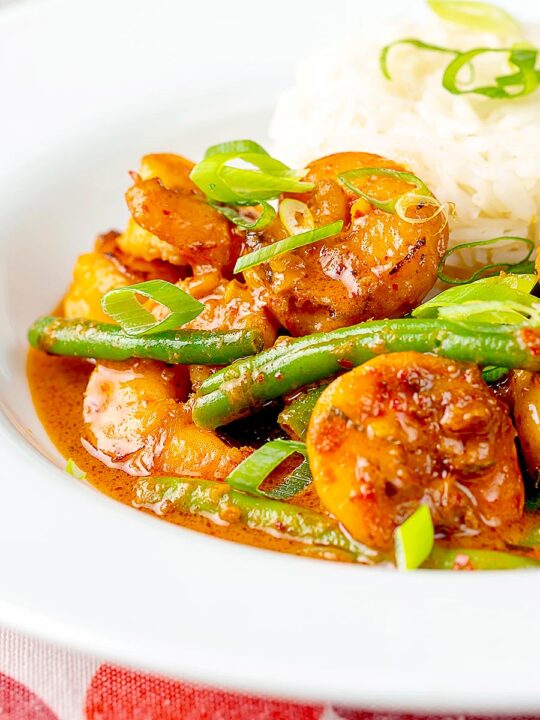 Portrait image of a Thai red prawn curry with green beans served in a white bowl with green onions and jasmine rice