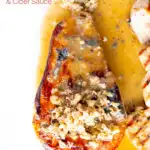 Portrait overhead image of a savoury baked pears side dish in a cider sauce served on a white plate with a text overlay