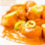 Portrait image of a Hungarian fish paprikash or harcsapaprikas served on a white plate in a silky paprika rich sauce with a text overlay