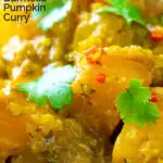 Portrait close up image of a Burmese influenced vegan pumpkin curry served with white rice and fresh coriander with a text overlay