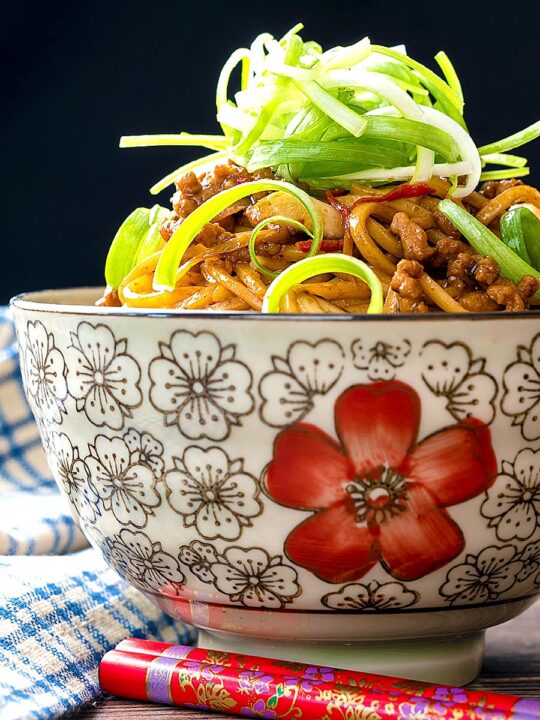 Portrait image of dan dan noodles, a Chinese stir fried minced pork recipe served in a bowl decorated with an Asian stylised flower decoration