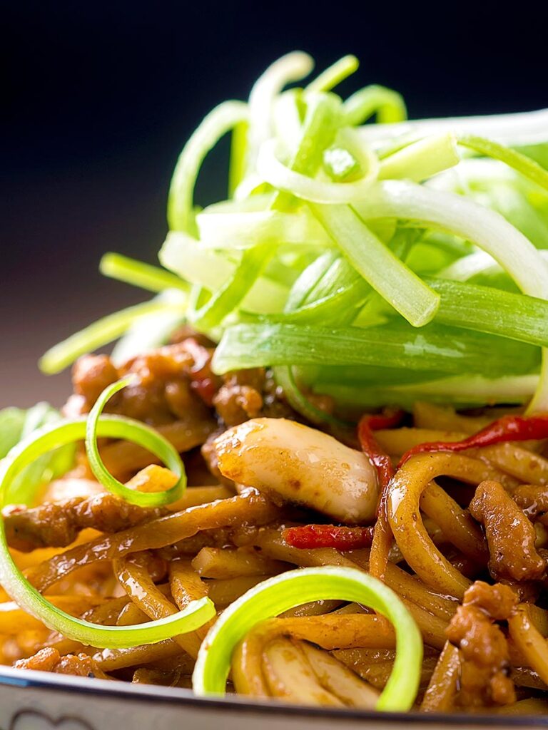 Portrait close up image of dan dan noodles, a Chinese stir fried minced pork recipe served with a spring onion garnish