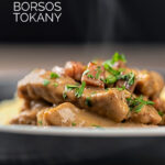 Portrait close up image of a Hungarian Pork Stew called Borsos Tokany served steaming hot with fresh parsley featuring a text overlay