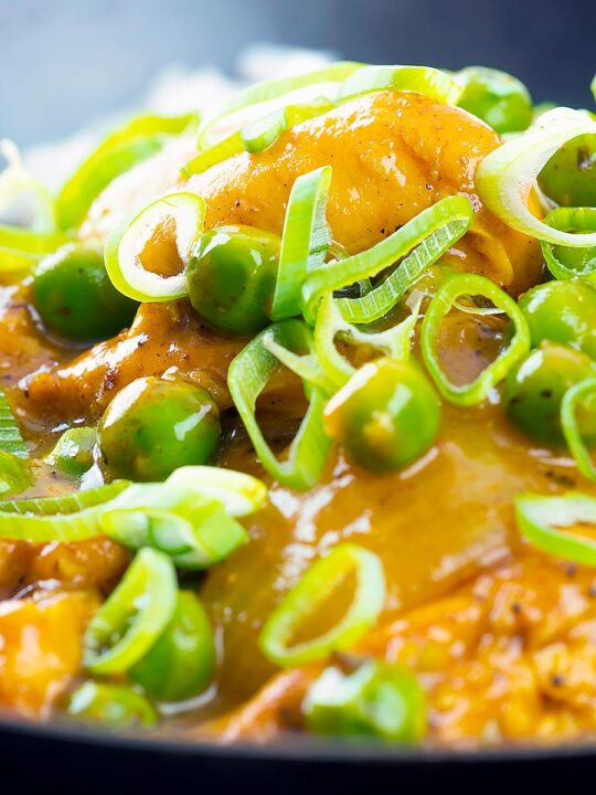 Portrait close up image of a takeaway influenced Chinese chicken curry with garden peas and spring onions