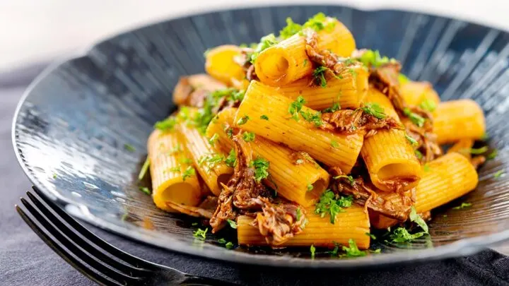 Landscape image of a shredded Venetian duck ragu served with rigatoni pasta in a mottled dark blue pasta bowl