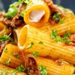 Portrait close up image of a shredded Italian duck ragu served with rigatoni pasta
