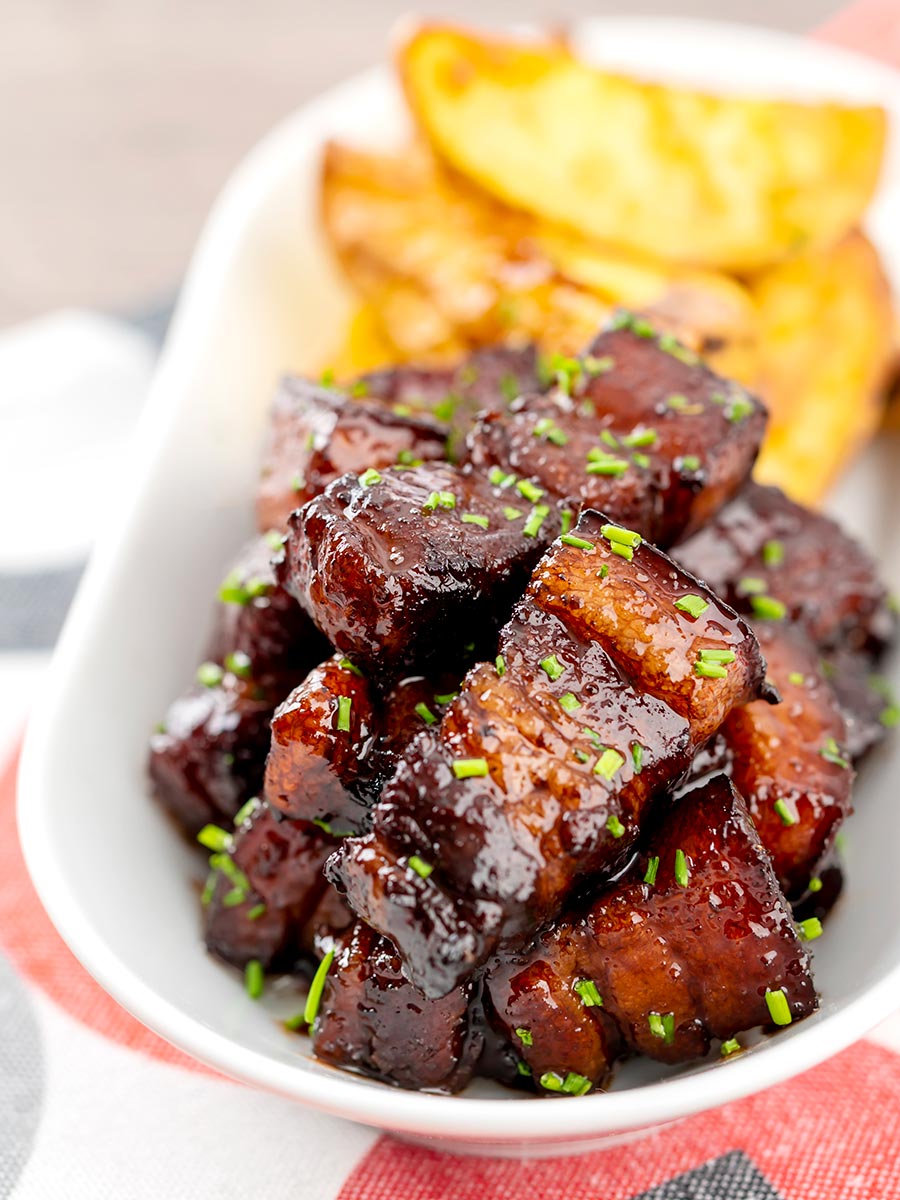 Pork Belly Bites with a Sticky Gluhwein Glaze Krumpli