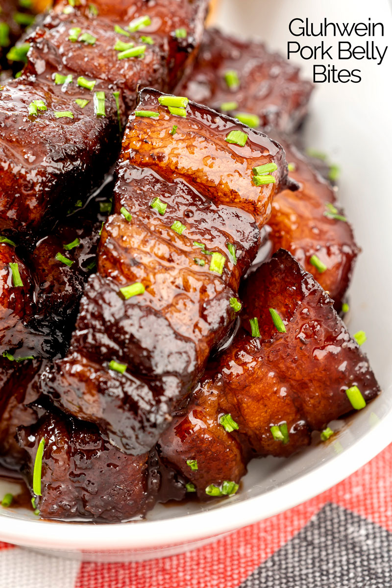 Pork Belly Bites with a Sticky Gluhwein Glaze Krumpli