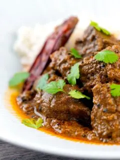 Portrait close up image of an achar gosht lamb or mutton curry served on a white plate with whole chilies and coriander leaves