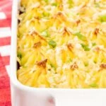 Portrait close up image of an individual cheesy cumberland pie served in a white gratin dish