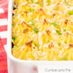 Portrait close up image of an individual cheesy cumberland pie served in a white gratin dish with a title overlay