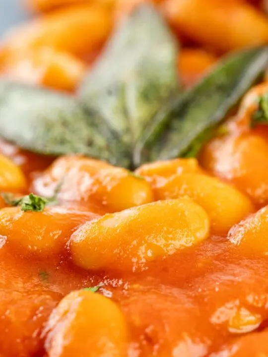 Portrait close up image of Fagioli all’uccelletto or Italian Baked Beans served with crispy fried sage leaves