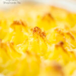 Portrait close up image of a peak of golden broiled mashed potato topping a vegetarian shepherds pie featuring a text overlay