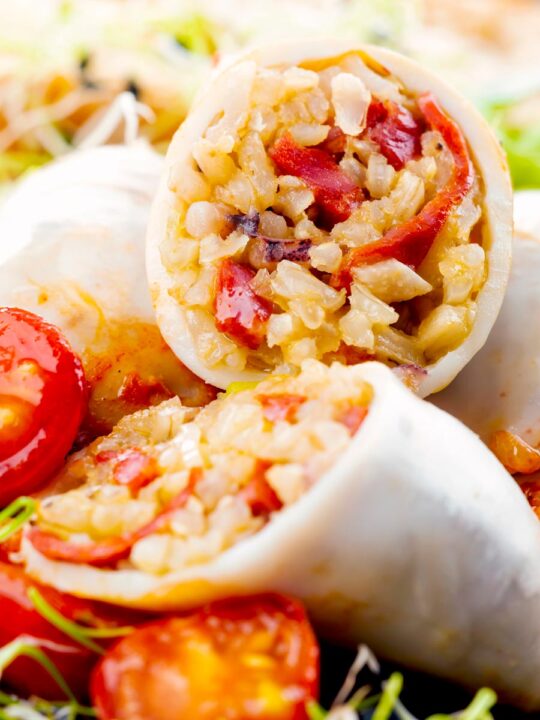 Portrait close up image of brown rice stuffed squid on a tomato sauce