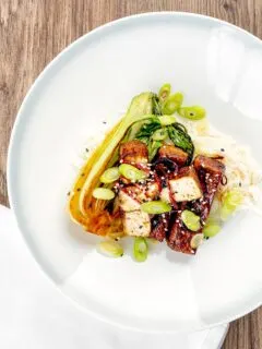 Portrait overhead image of teriyaki tofu served with pak choi, white rice and spring onions on a white plate