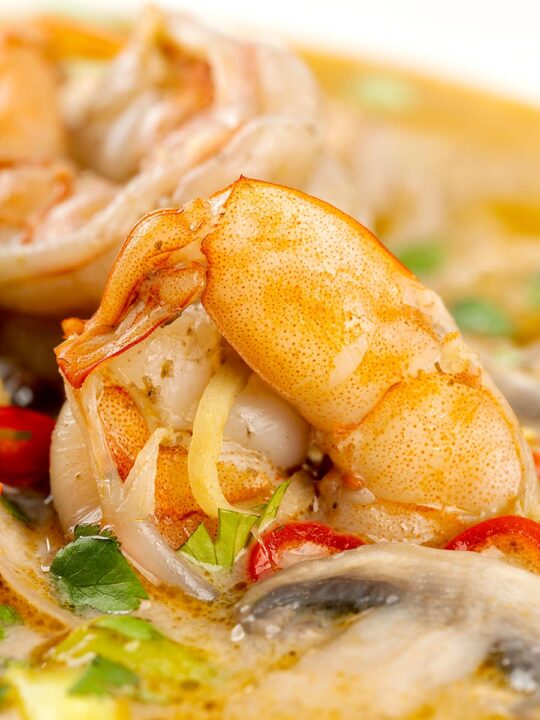 Portrait close up image of a Thai Prawn Tom Yom Soup served in a white soup bowl