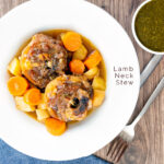 Portrait overhead image of a lamb neck stew using bone in lamb neck chops, potatoes, carrots and parsnips served in a white bowl featuring a text overlay
