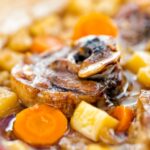 Portrait close up image of a lamb neck stew using bone in lamb neck chops, potatoes, carrots and parsnips