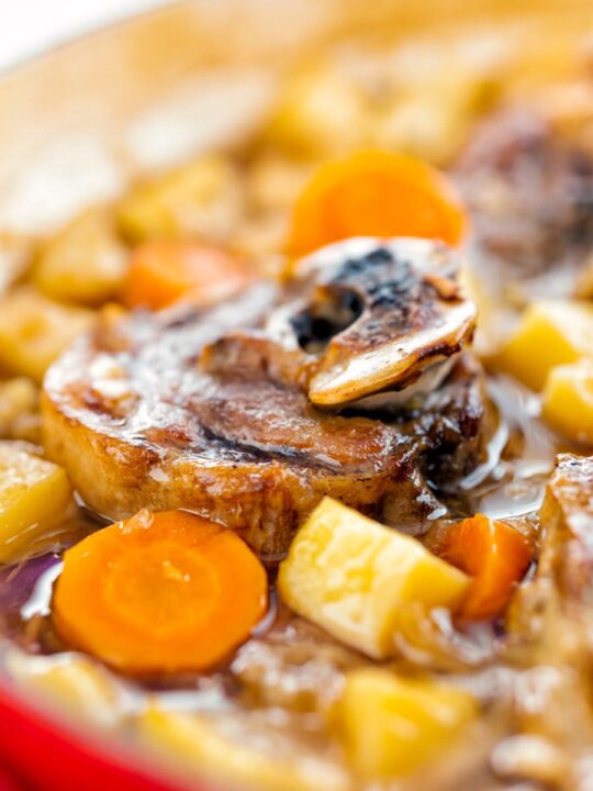 Portrait close up image of a lamb neck stew using bone in lamb neck chops, potatoes, carrots and parsnips