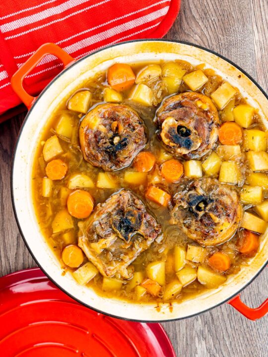 Portrait overhead image of a lamb neck stew using bone in lamb neck chops, potatoes, carrots and parsnips cooked in a red cast iron pan