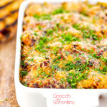 Portrait close up image of gnocchi alla Sorrentina served in a gratin dish with griddled bread featuring a title overlay